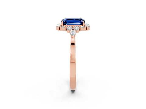 Rose gold Emerald Cut Blue Sapphire Halo Ring with Pear Side Stones and Prong Setting_14