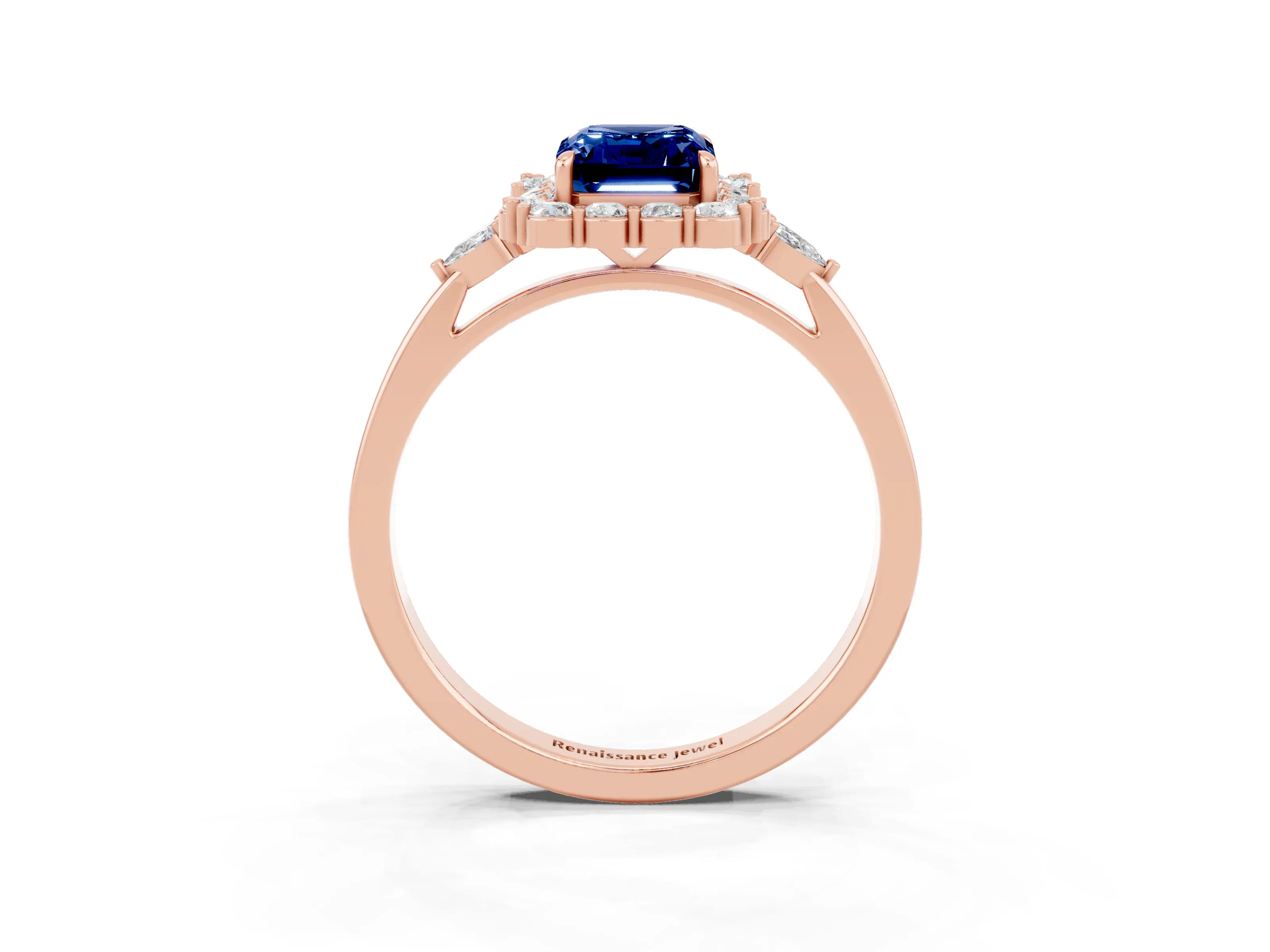 Rose gold Emerald Cut Blue Sapphire Halo Ring with Pear Side Stones and Prong Setting_15