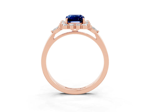 Rose gold Emerald Cut Blue Sapphire Halo Ring with Pear Side Stones and Prong Setting_15