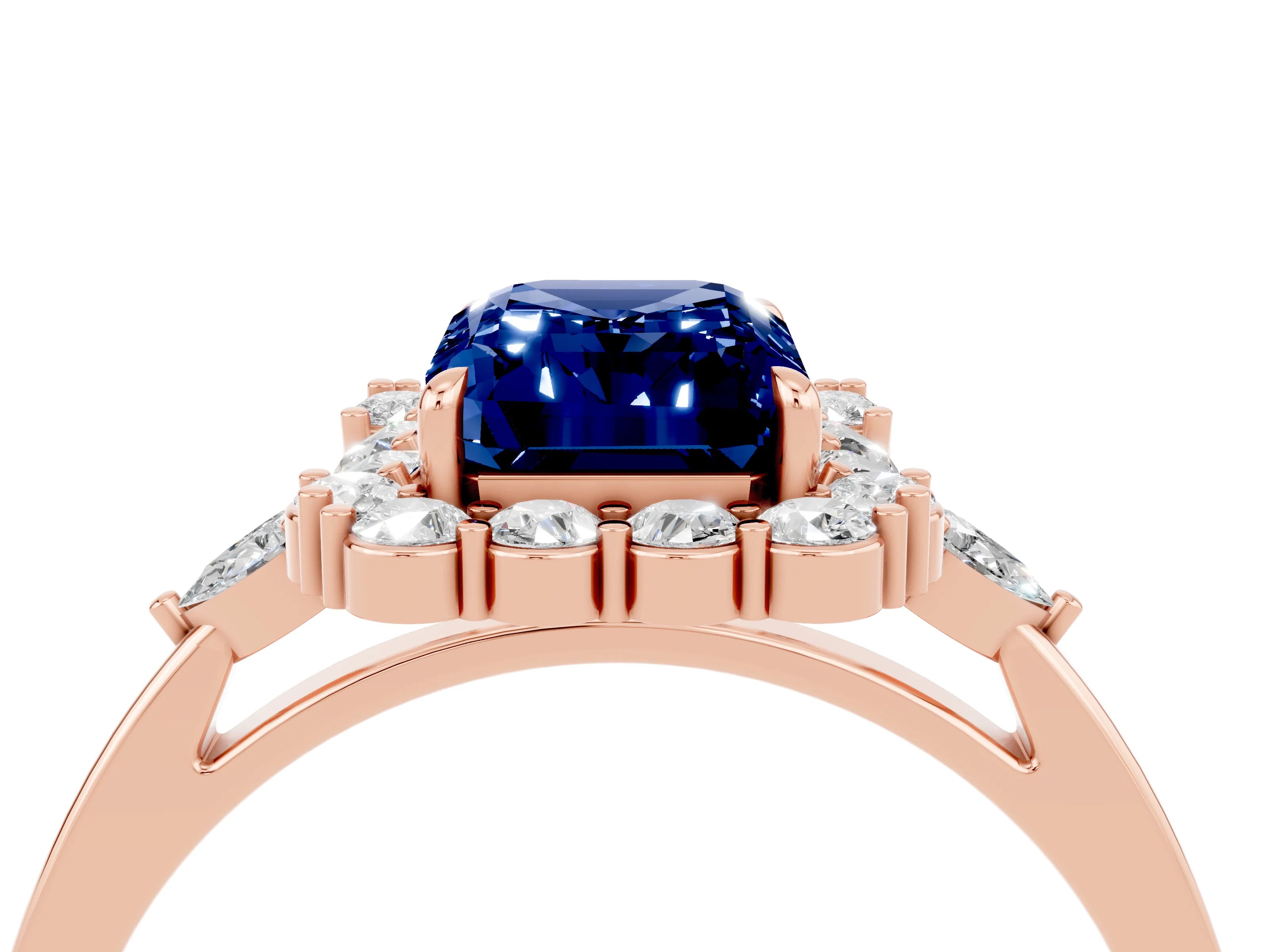 Rose gold Emerald Cut Blue Sapphire Halo Ring with Pear Side Stones and Prong Setting_16