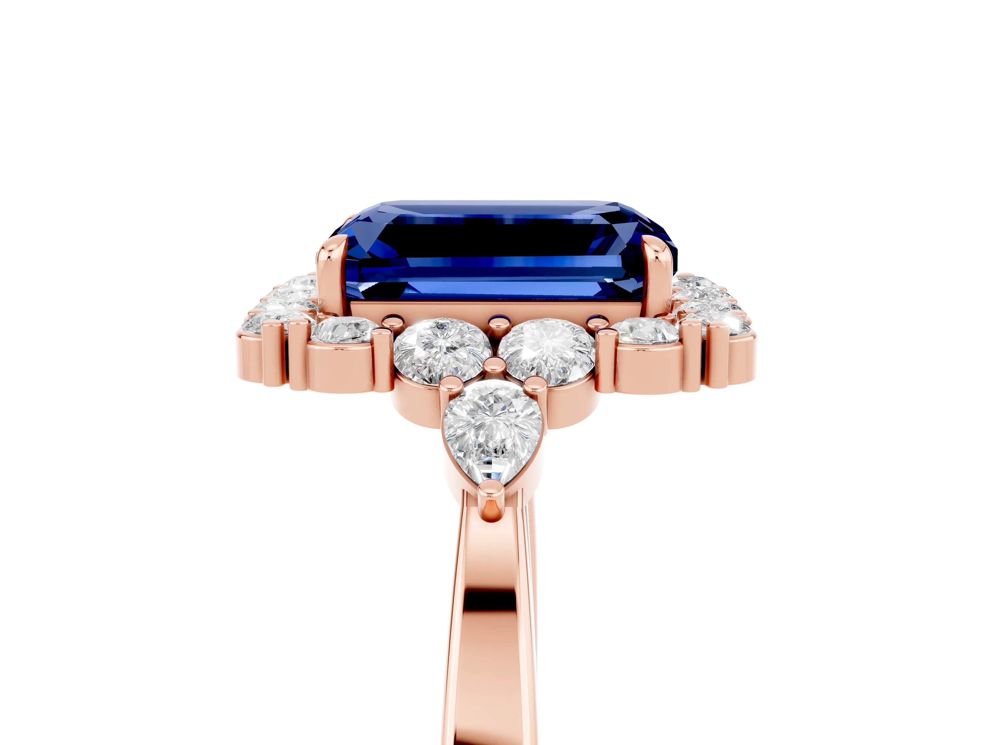 Rose gold Emerald Cut Blue Sapphire Halo Ring with Pear Side Stones and Prong Setting_17