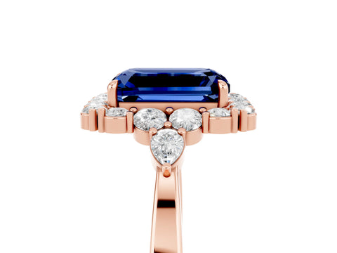 Rose gold Emerald Cut Blue Sapphire Halo Ring with Pear Side Stones and Prong Setting_17