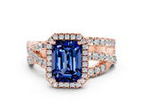 Rose gold Emerald Cut Blue Sapphire Halo Ring with Round Split Shank and Prong Setting_48