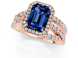 Rose gold Emerald Cut Blue Sapphire Halo Ring with Round Split Shank and Prong Setting_49