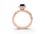 Rose gold Emerald Cut Blue Sapphire Halo Ring with Round Split Shank and Prong Setting_51