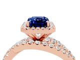 Rose gold Emerald Cut Blue Sapphire Halo Ring with Round Split Shank and Prong Setting_52