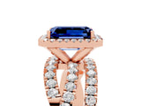 Rose gold Emerald Cut Blue Sapphire Halo Ring with Round Split Shank and Prong Setting_53