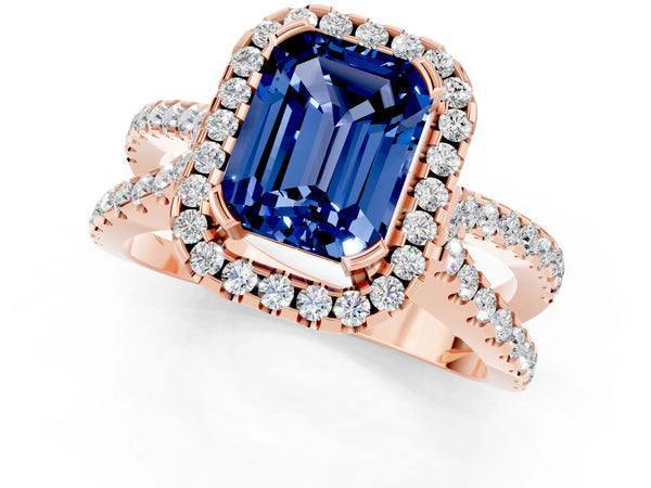 Rose gold Emerald Cut Blue Sapphire Halo Ring with Split Shank Pavé Band and Prong Setting