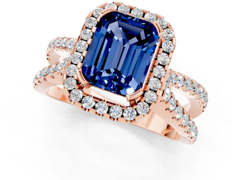 Rose gold Emerald Cut Blue Sapphire Halo Ring with Split Shank Pavé Band and Prong Setting_1