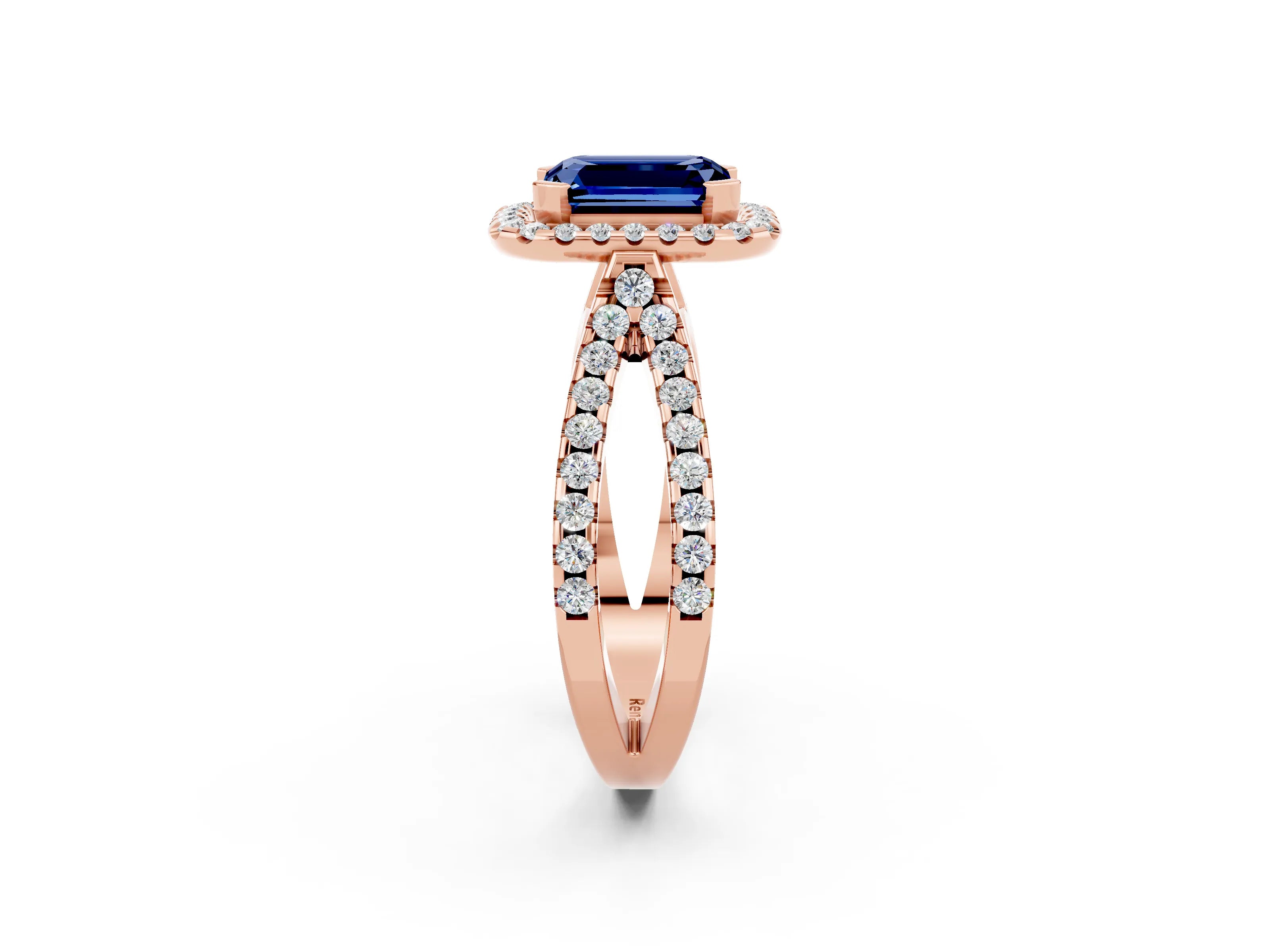 Rose gold Emerald Cut Blue Sapphire Halo Ring with Split Shank Pavé Band and Prong Setting_2