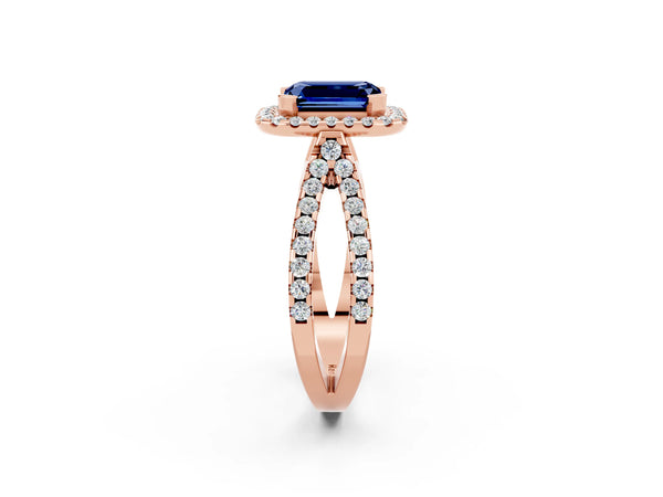 Rose gold Emerald Cut Blue Sapphire Halo Ring with Split Shank Pavé Band and Prong Setting
