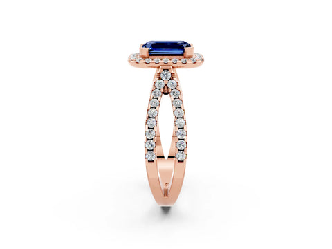 Rose gold Emerald Cut Blue Sapphire Halo Ring with Split Shank Pavé Band and Prong Setting_2