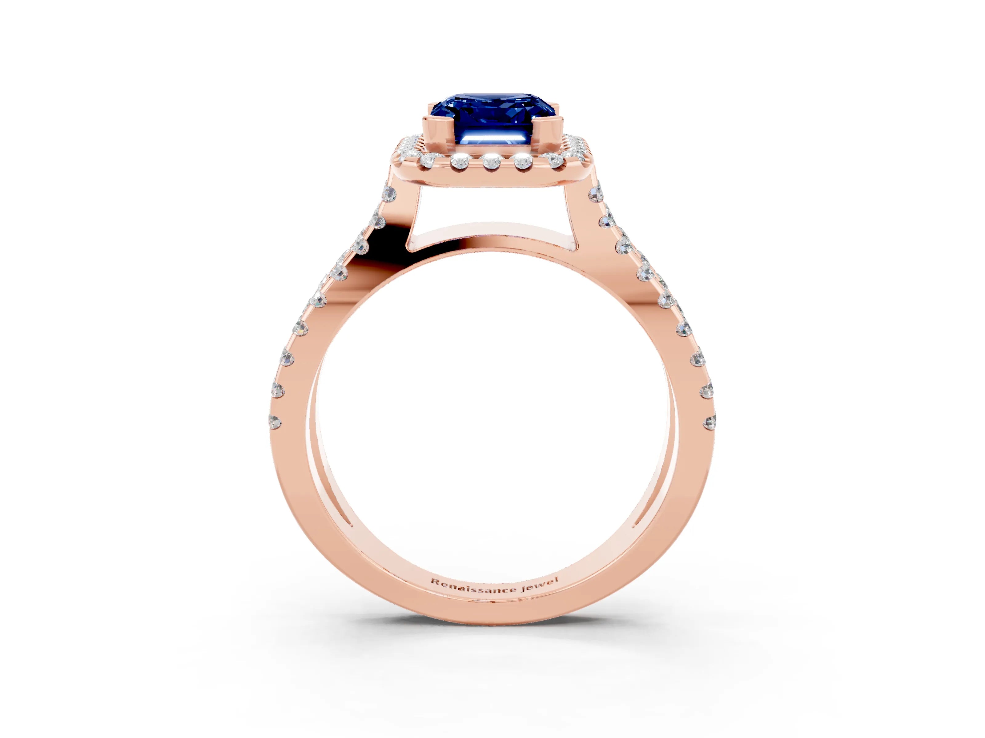 Rose gold Emerald Cut Blue Sapphire Halo Ring with Split Shank Pavé Band and Prong Setting_3