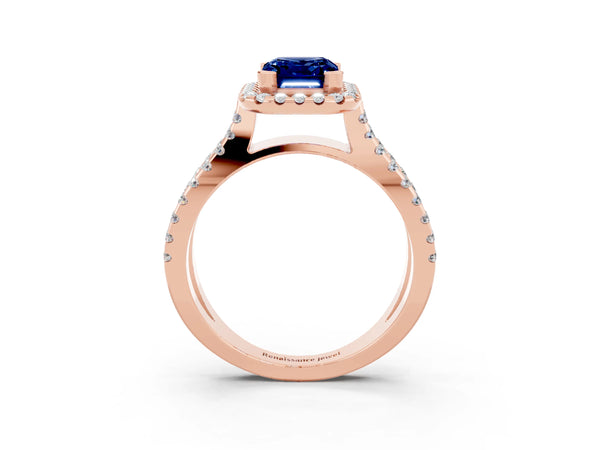 Rose gold Emerald Cut Blue Sapphire Halo Ring with Split Shank Pavé Band and Prong Setting