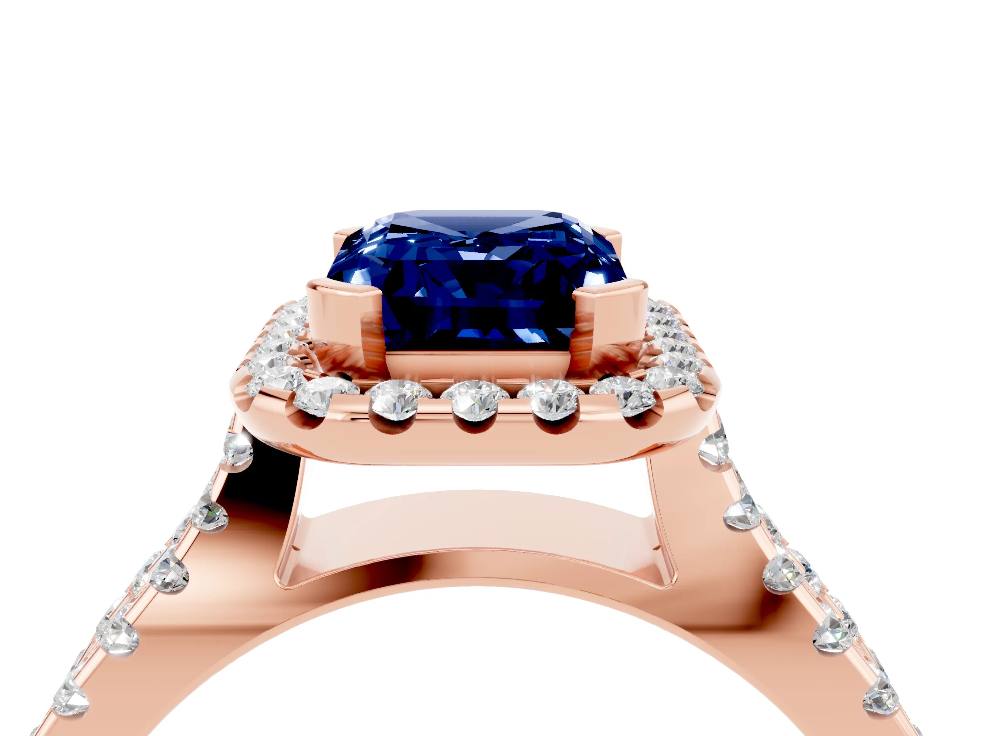 Rose gold Emerald Cut Blue Sapphire Halo Ring with Split Shank Pavé Band and Prong Setting_4
