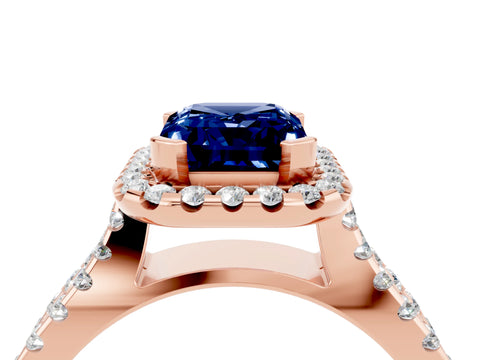 Rose gold Emerald Cut Blue Sapphire Halo Ring with Split Shank Pavé Band and Prong Setting_4