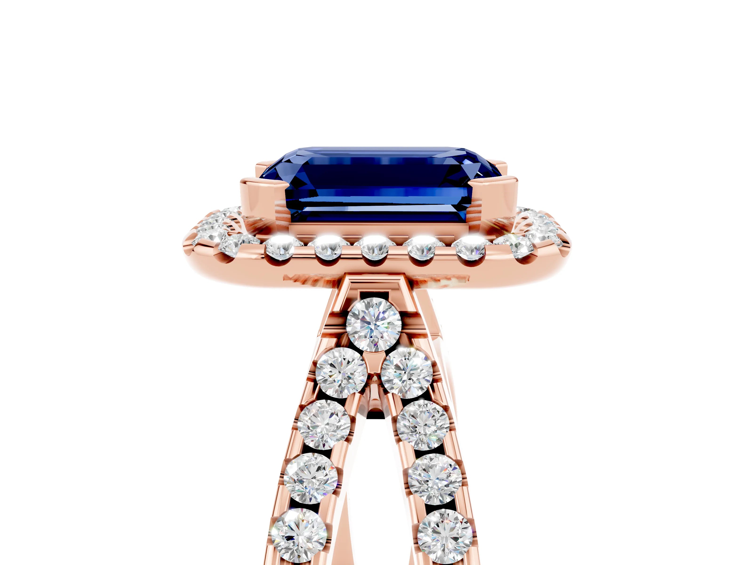Rose gold Emerald Cut Blue Sapphire Halo Ring with Split Shank Pavé Band and Prong Setting_5