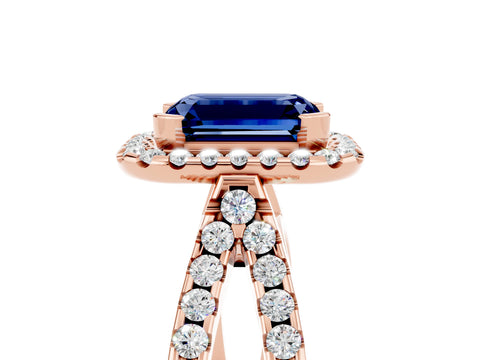 Rose gold Emerald Cut Blue Sapphire Halo Ring with Split Shank Pavé Band and Prong Setting_5
