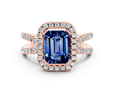 Rose gold Emerald Cut Blue Sapphire Halo Ring with Split Shank Pavé Band and Prong Setting