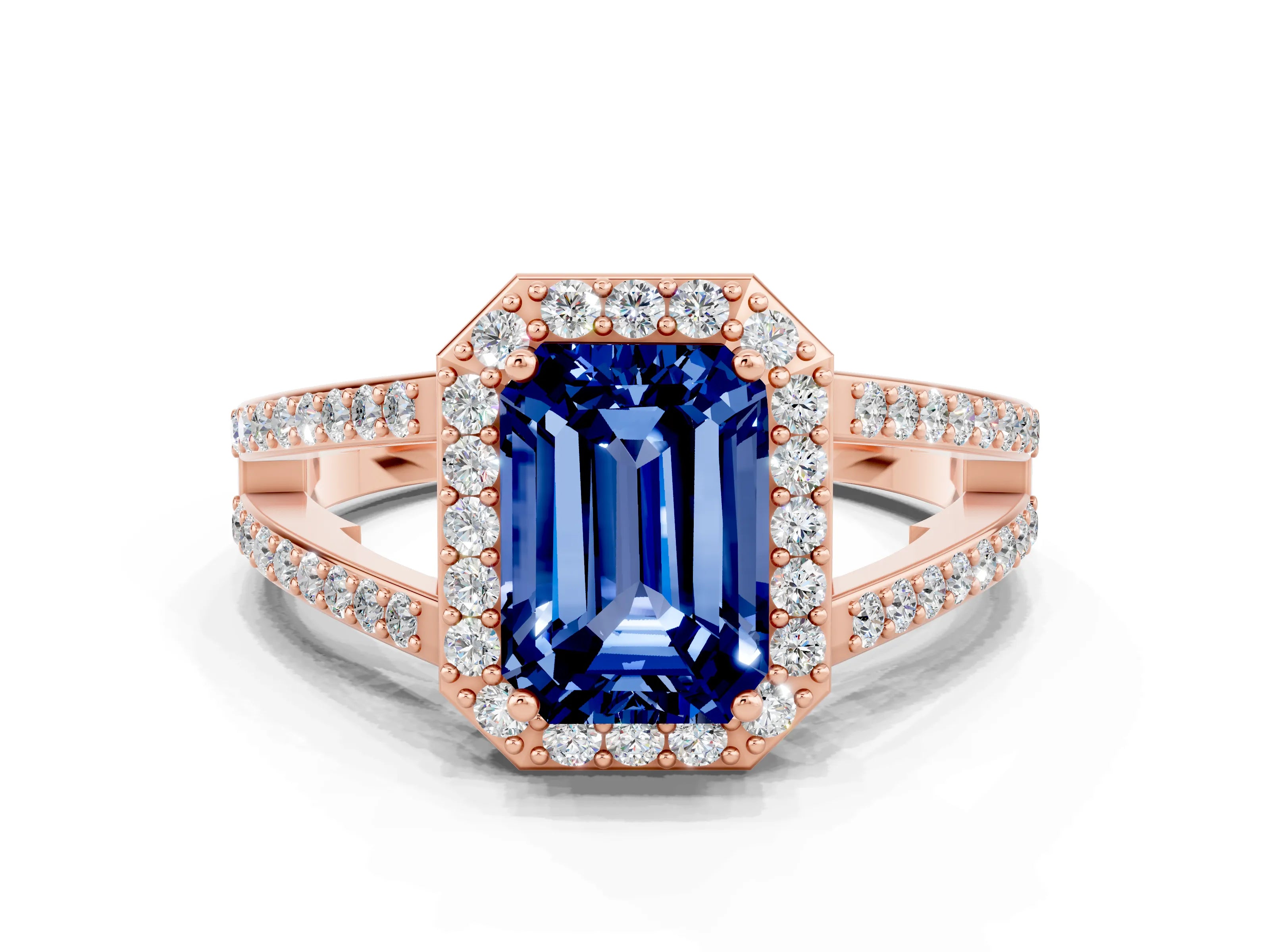 Rose gold Emerald Cut Blue Sapphire Halo Ring with Split Shank U-Prong Band and Four-Prong Setting