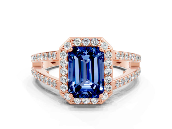Rose gold Emerald Cut Blue Sapphire Halo Ring with Split Shank U-Prong Band and Four-Prong Setting