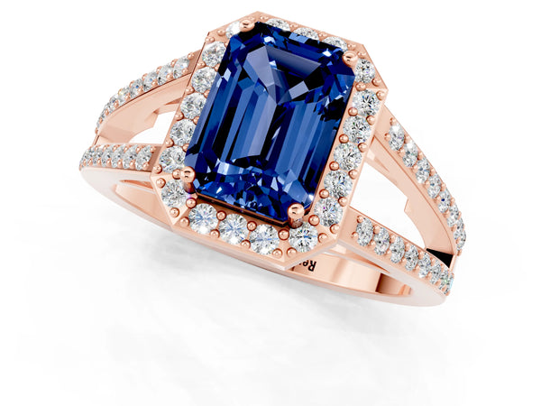 Rose gold Emerald Cut Blue Sapphire Halo Ring with Split Shank U-Prong Band and Four-Prong Setting