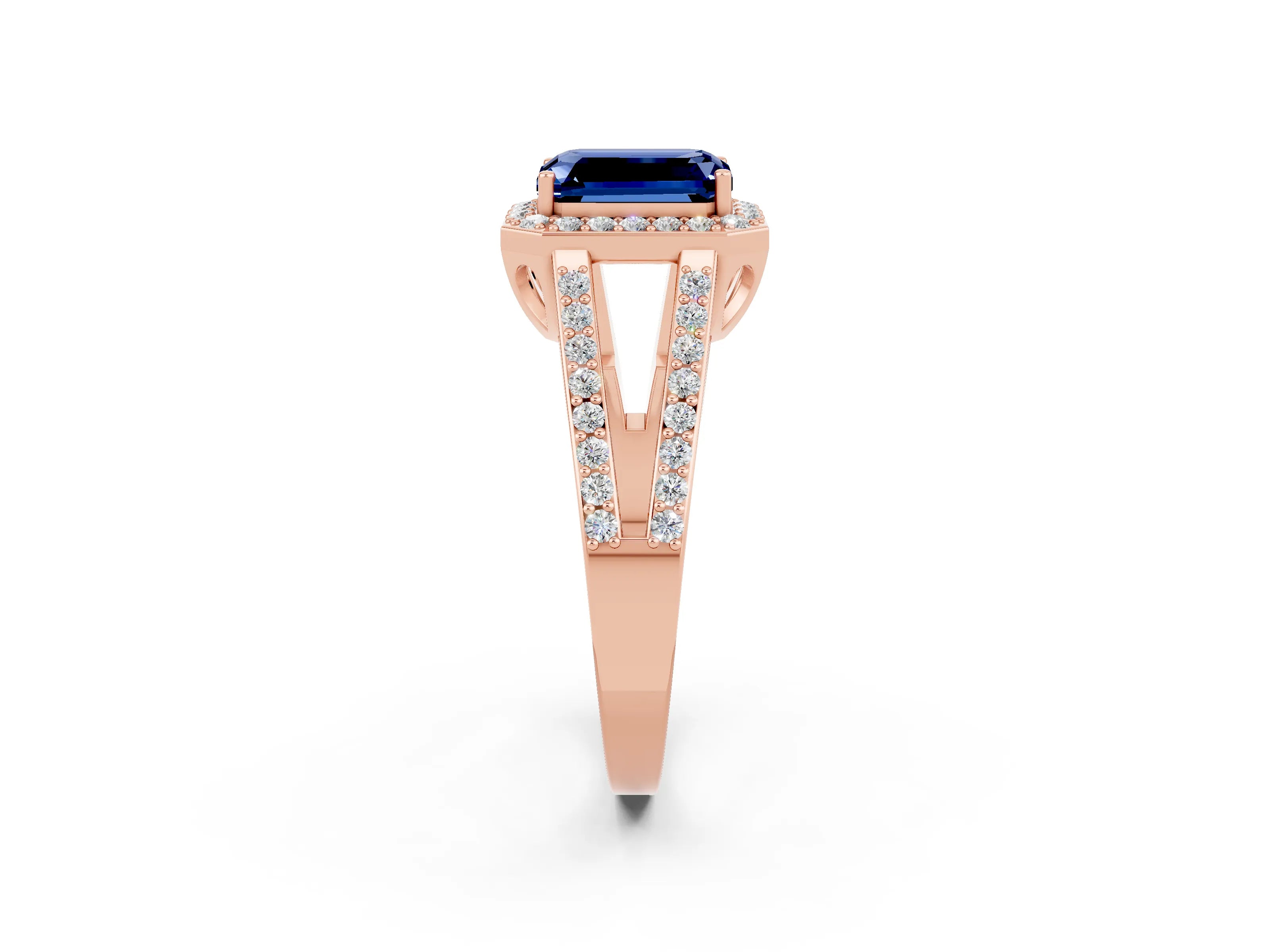 Rose gold Emerald Cut Blue Sapphire Halo Ring with Split Shank U-Prong Band and Four-Prong Setting_2