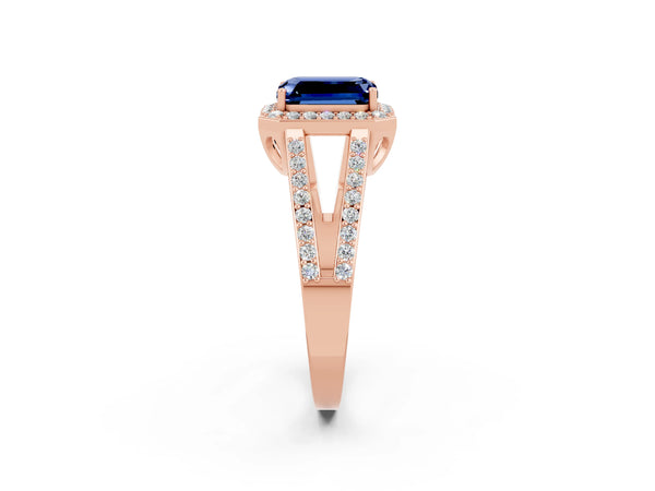 Rose gold Emerald Cut Blue Sapphire Halo Ring with Split Shank U-Prong Band and Four-Prong Setting