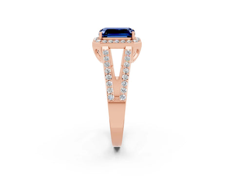 Rose gold Emerald Cut Blue Sapphire Halo Ring with Split Shank U-Prong Band and Four-Prong Setting_2