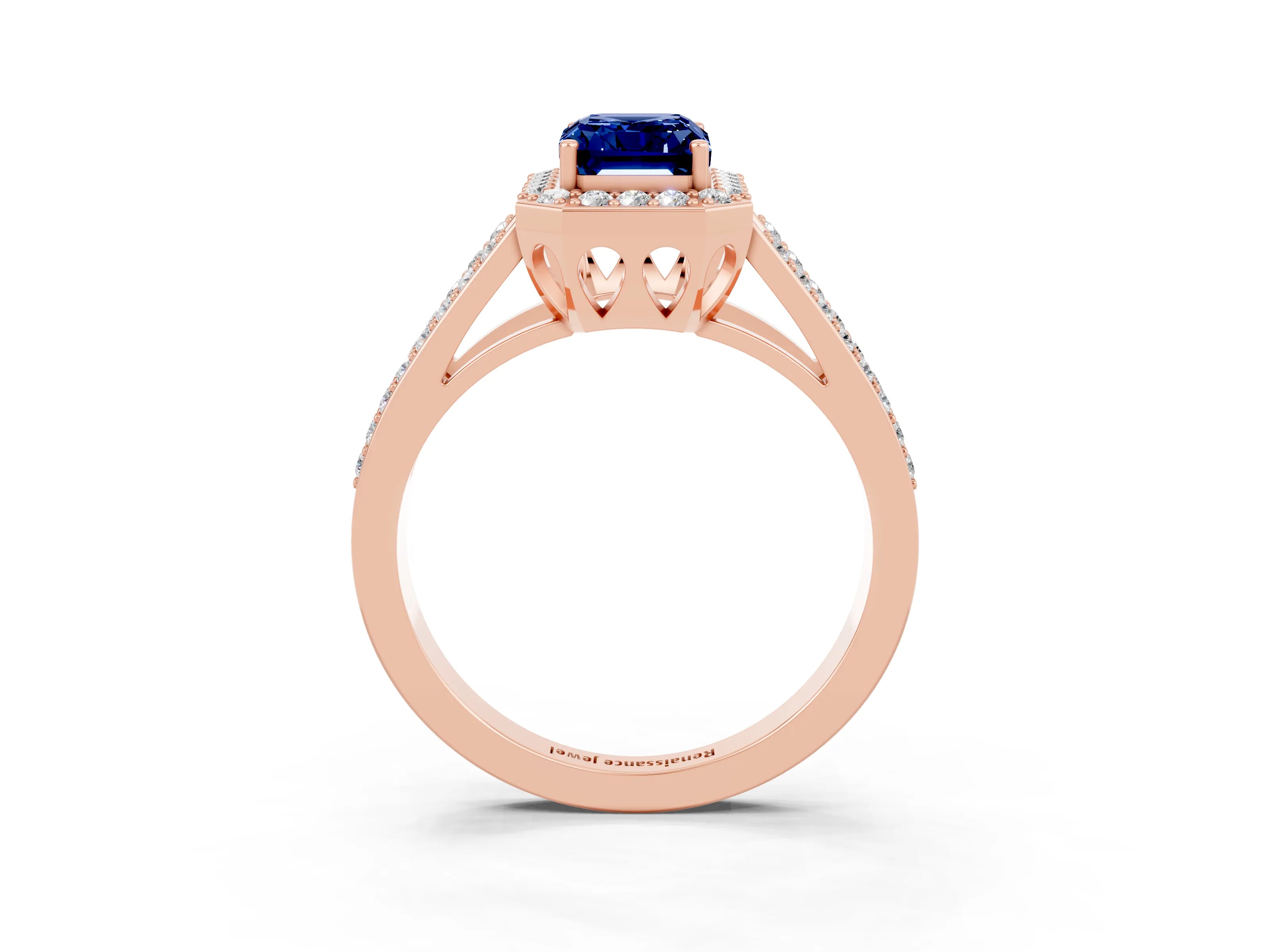 Rose gold Emerald Cut Blue Sapphire Halo Ring with Split Shank U-Prong Band and Four-Prong Setting_3