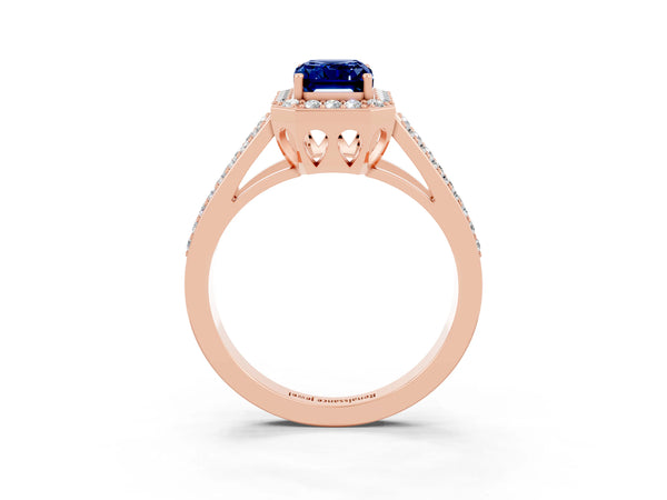 Rose gold Emerald Cut Blue Sapphire Halo Ring with Split Shank U-Prong Band and Four-Prong Setting