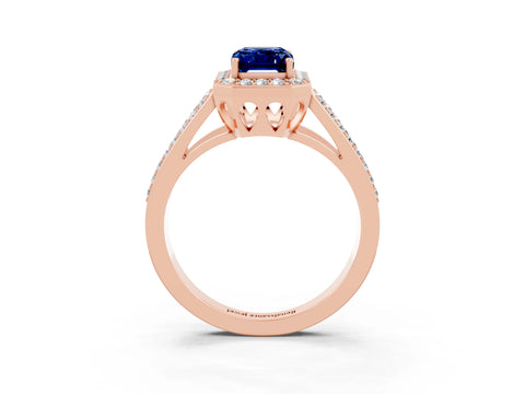 Rose gold Emerald Cut Blue Sapphire Halo Ring with Split Shank U-Prong Band and Four-Prong Setting_3