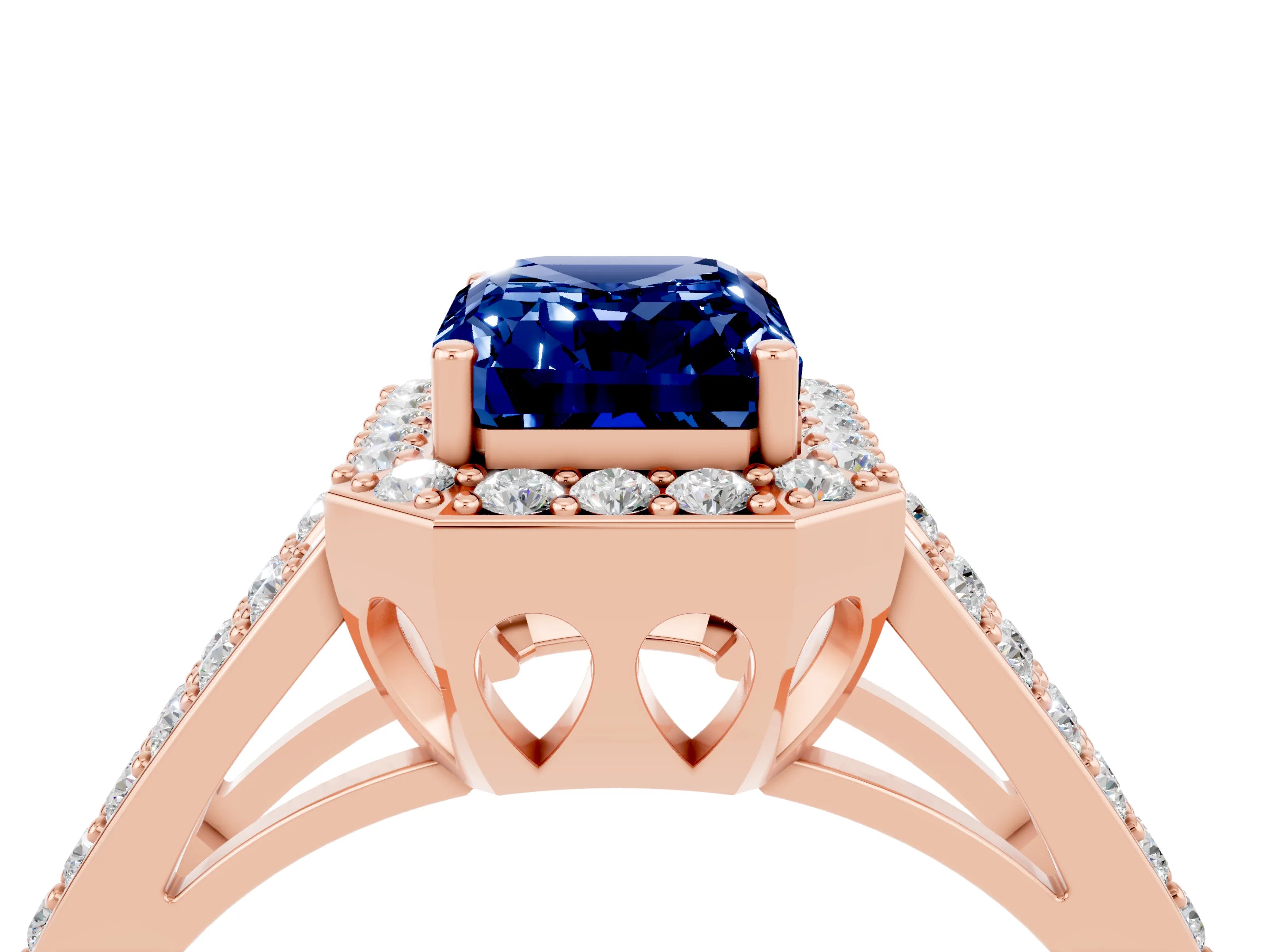 Rose gold Emerald Cut Blue Sapphire Halo Ring with Split Shank U-Prong Band and Four-Prong Setting_4