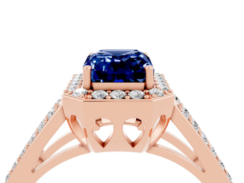 Rose gold Emerald Cut Blue Sapphire Halo Ring with Split Shank U-Prong Band and Four-Prong Setting_4