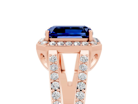 Rose gold Emerald Cut Blue Sapphire Halo Ring with Split Shank U-Prong Band and Four-Prong Setting_5