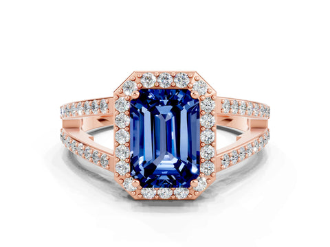 Rose gold Emerald Cut Blue Sapphire Halo Ring with Split Shank U-Prong Band and Four-Prong Setting