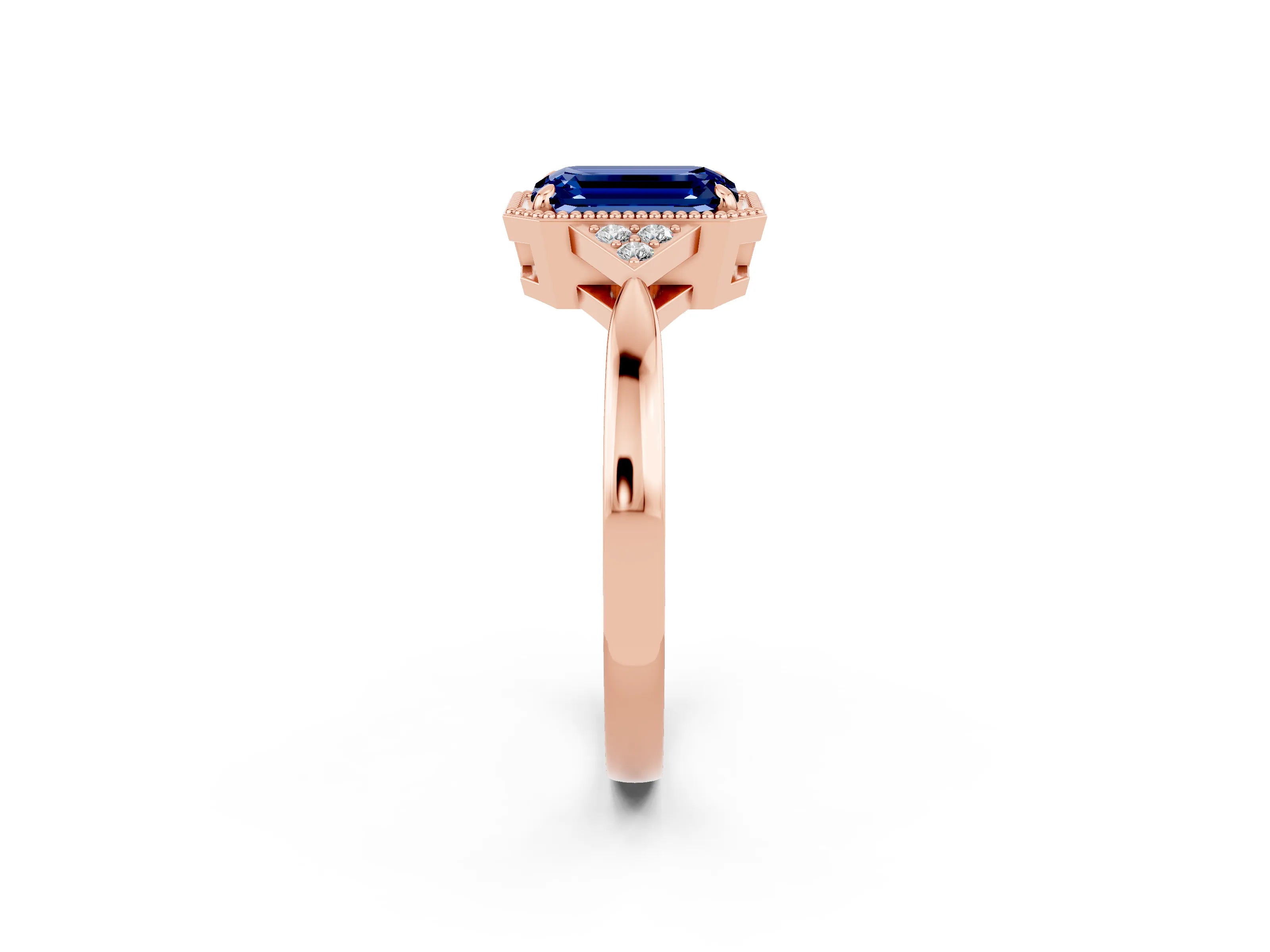 Rose gold Emerald Cut Blue Sapphire Halo Ring with Tapered Band and Four-Prong Setting_2