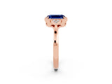 Rose gold Emerald Cut Blue Sapphire Halo Ring with Tapered Band and Four-Prong Setting_2