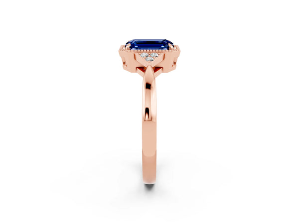 Rose gold Emerald Cut Blue Sapphire Halo Ring with Tapered Band and Four-Prong Setting