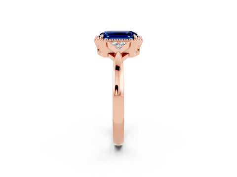 Rose gold Emerald Cut Blue Sapphire Halo Ring with Tapered Band and Four-Prong Setting_2
