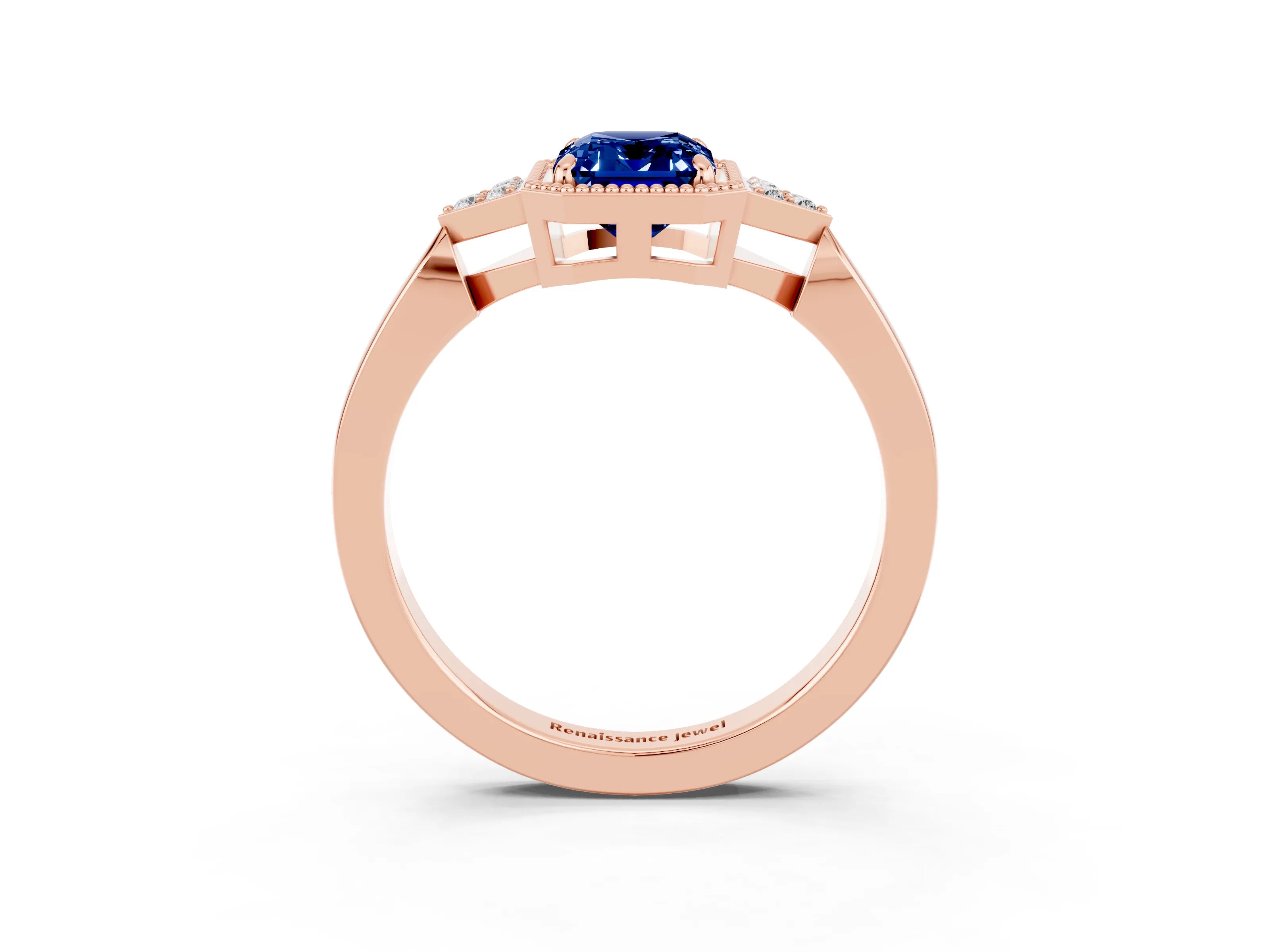 Rose gold Emerald Cut Blue Sapphire Halo Ring with Tapered Band and Four-Prong Setting_3