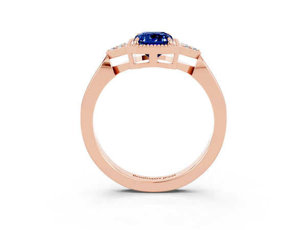 Rose gold Emerald Cut Blue Sapphire Halo Ring with Tapered Band and Four-Prong Setting
