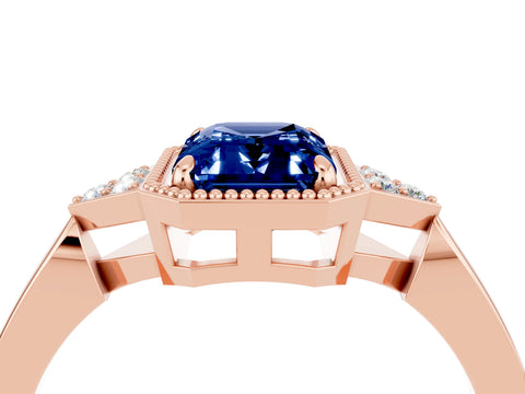 Rose gold Emerald Cut Blue Sapphire Halo Ring with Tapered Band and Four-Prong Setting_4