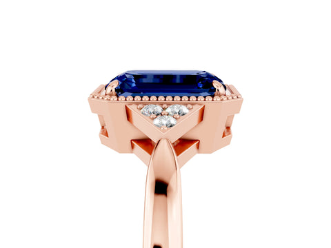 Rose gold Emerald Cut Blue Sapphire Halo Ring with Tapered Band and Four-Prong Setting_5