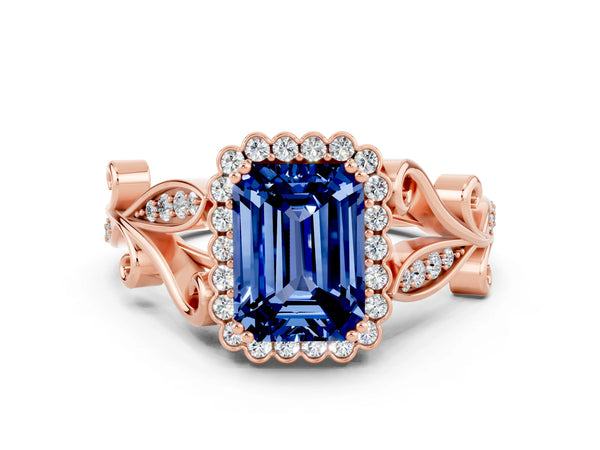 Rose gold Emerald Cut Blue Sapphire Halo Ring with Vintage Split Shank and Four-Prong Setting
