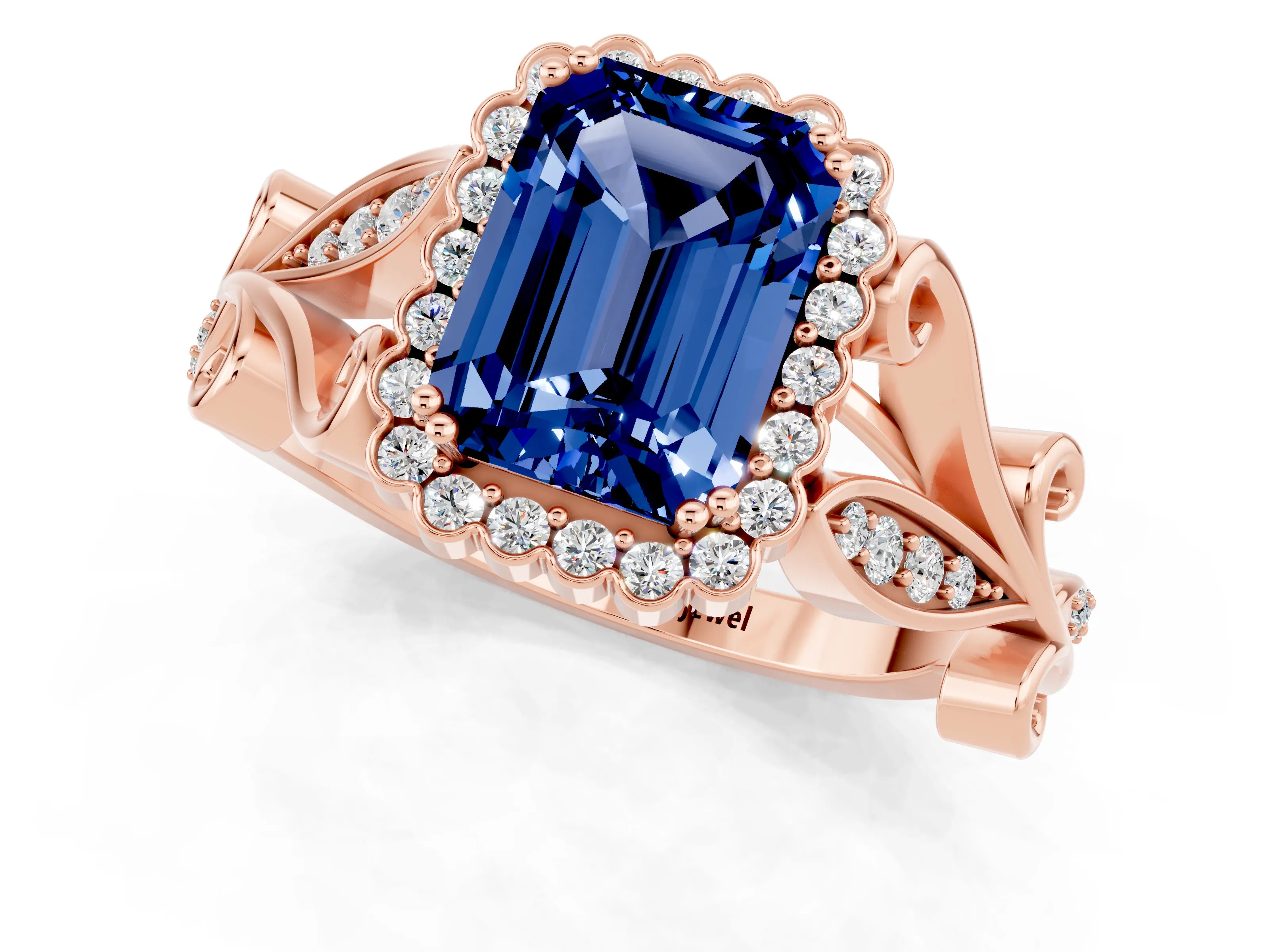 Rose gold Emerald Cut Blue Sapphire Halo Ring with Vintage Split Shank and Four-Prong Setting_1