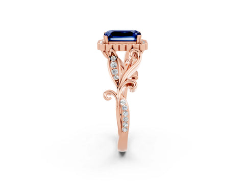 Rose gold Emerald Cut Blue Sapphire Halo Ring with Vintage Split Shank and Four-Prong Setting_2