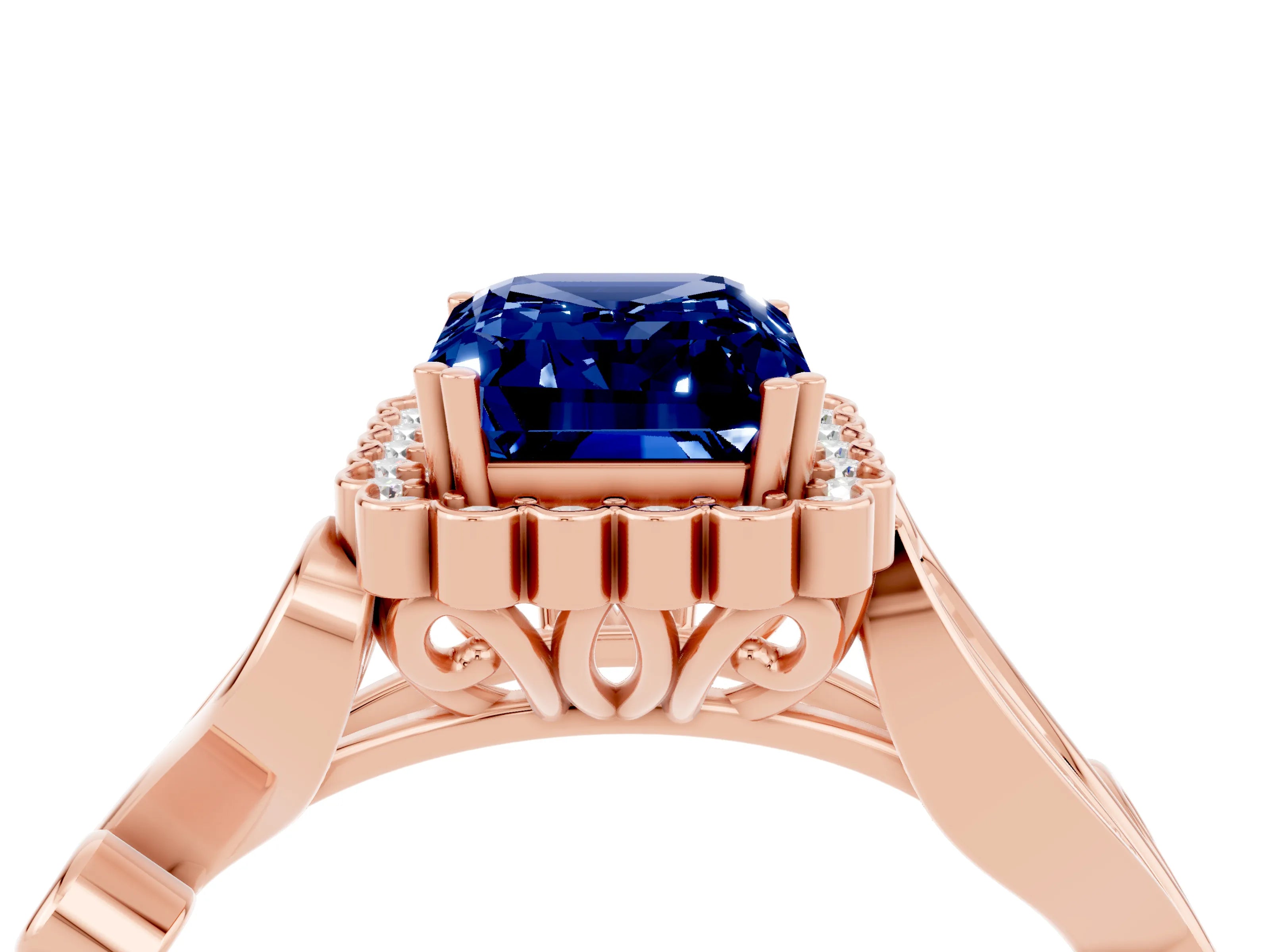 Rose gold Emerald Cut Blue Sapphire Halo Ring with Vintage Split Shank and Four-Prong Setting_4