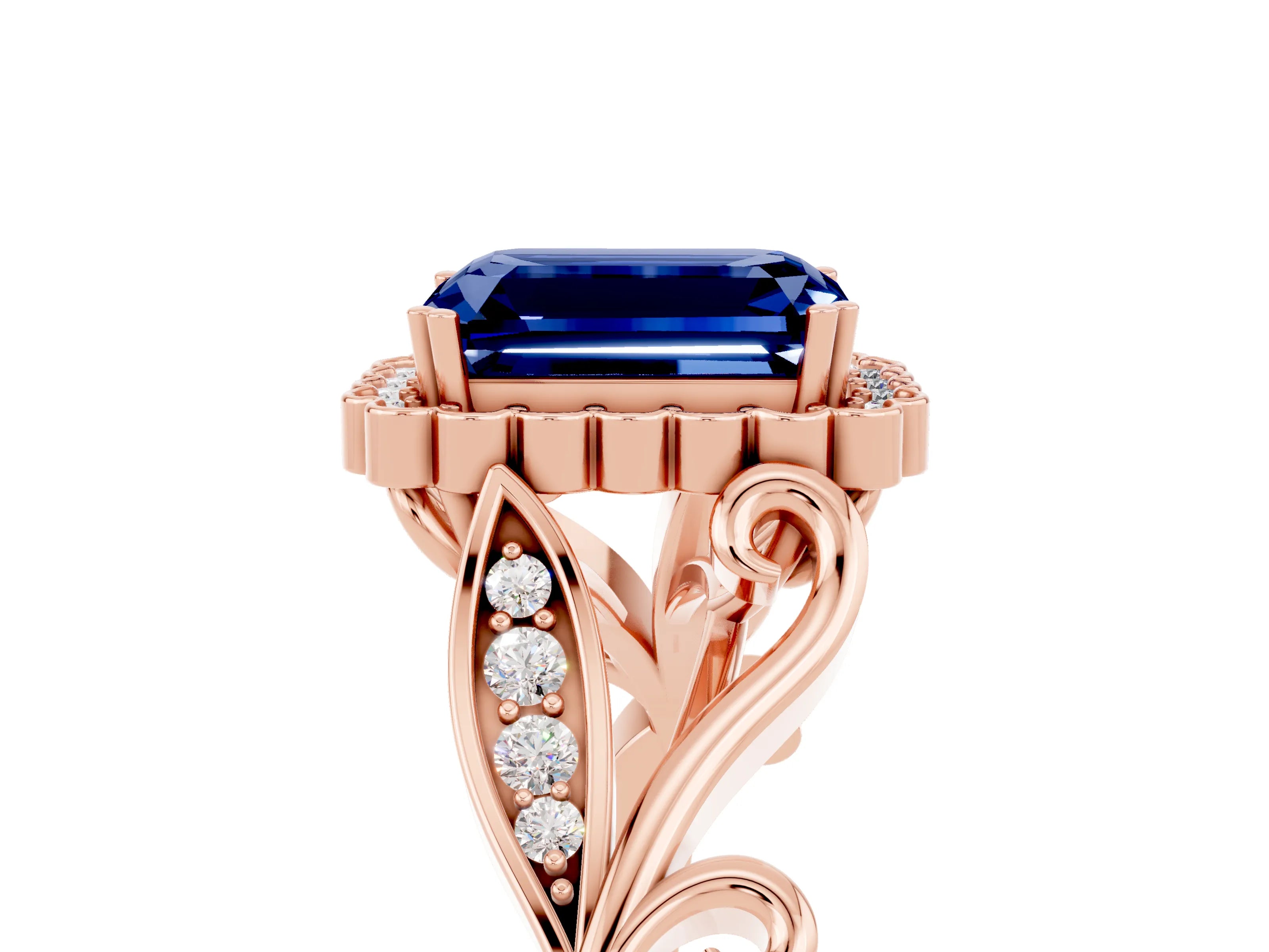 Rose gold Emerald Cut Blue Sapphire Halo Ring with Vintage Split Shank and Four-Prong Setting_5