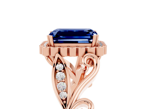 Rose gold Emerald Cut Blue Sapphire Halo Ring with Vintage Split Shank and Four-Prong Setting_5